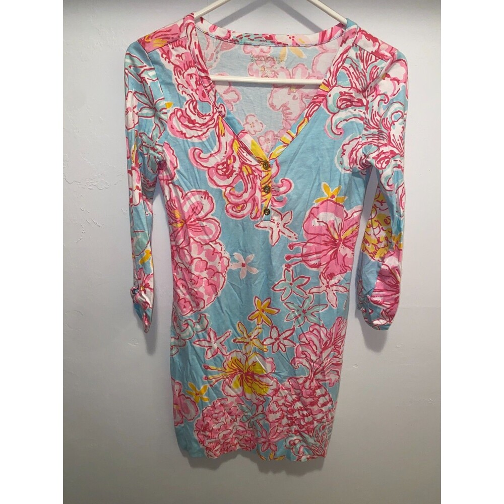 Lilly Pulitzer Women's Long Sleeve v-neck Buttons Floral Dress, Size XS